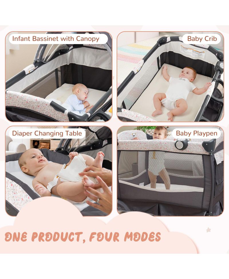 Kids 4 in 1 Portable Pack and Play Nursery Center with Bassinet-Heart