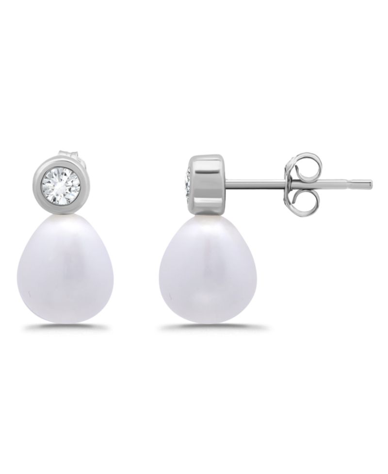 Teardrop Freshwater Cultured Pearl Cubic Zirconia Bezel Set Post Earrings