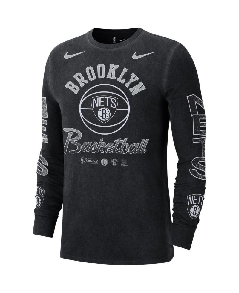 Men's Black Distressed Brooklyn Nets Courtside Retro Elevated Long Sleeve T-shirt
