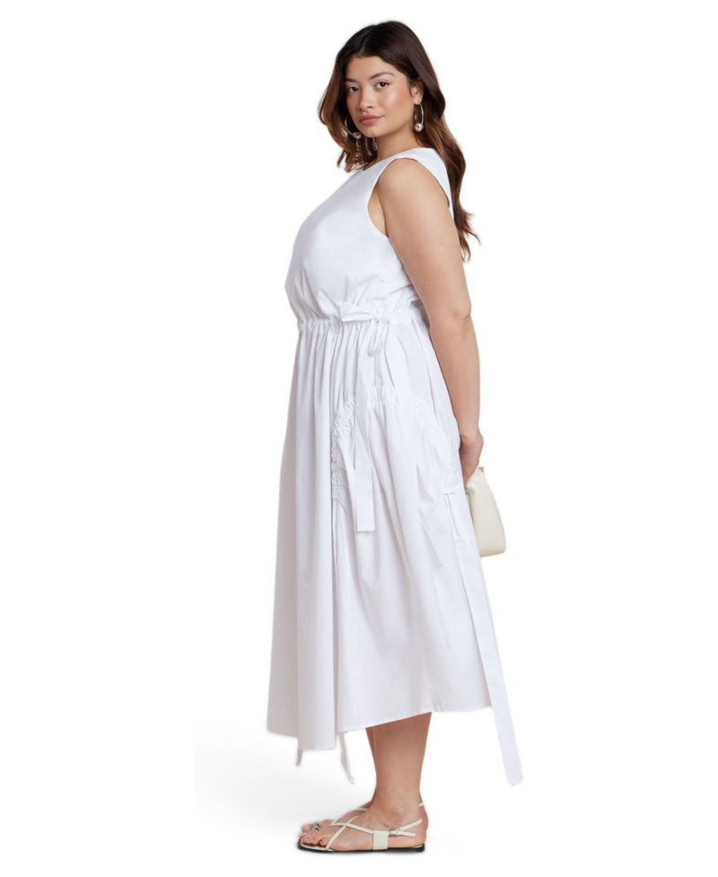 Women's Cinch Waist Poplin Midi Dress