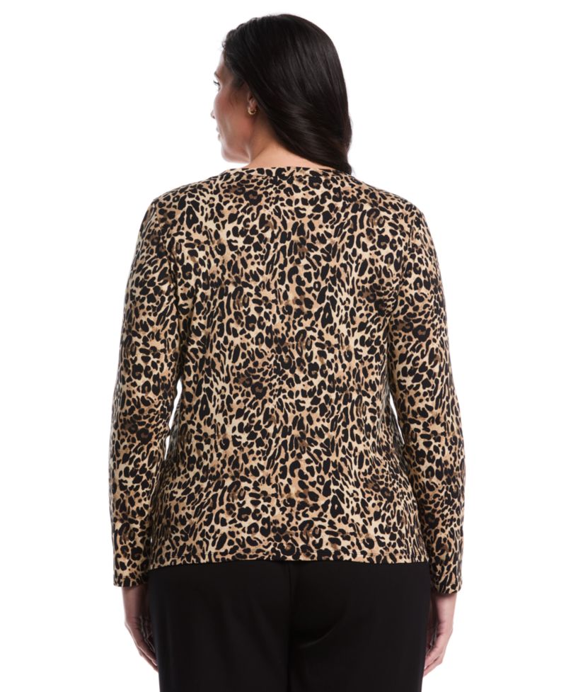 Women's Plus Size Animal Print Chain Neck Detail Long Sleeve Top