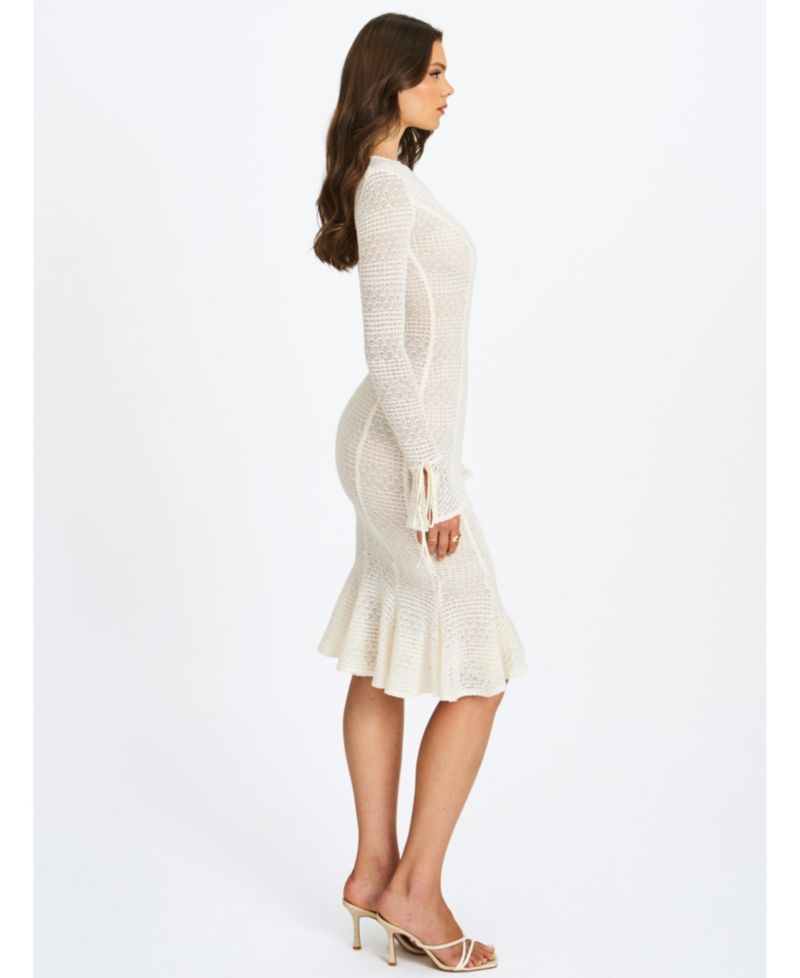 Women's Pamina Beige Crochet Long Sleeve Flare Mermaid Dress