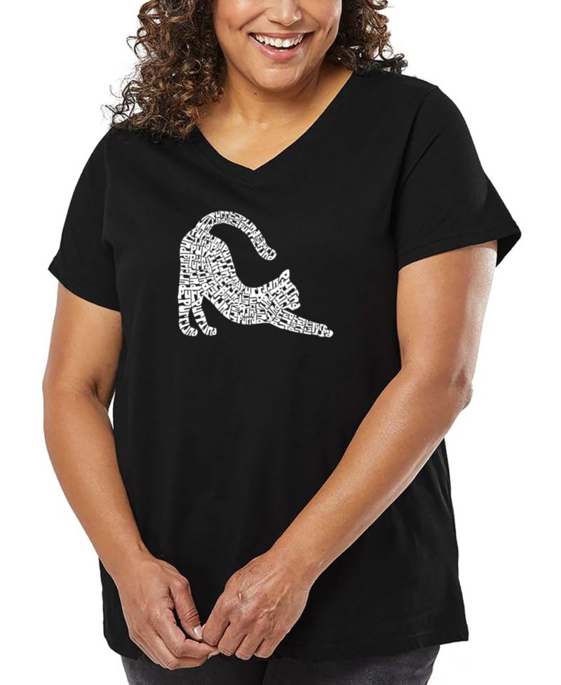 Plus Size Stretching Cat Word Art V-Neck T-Shirt