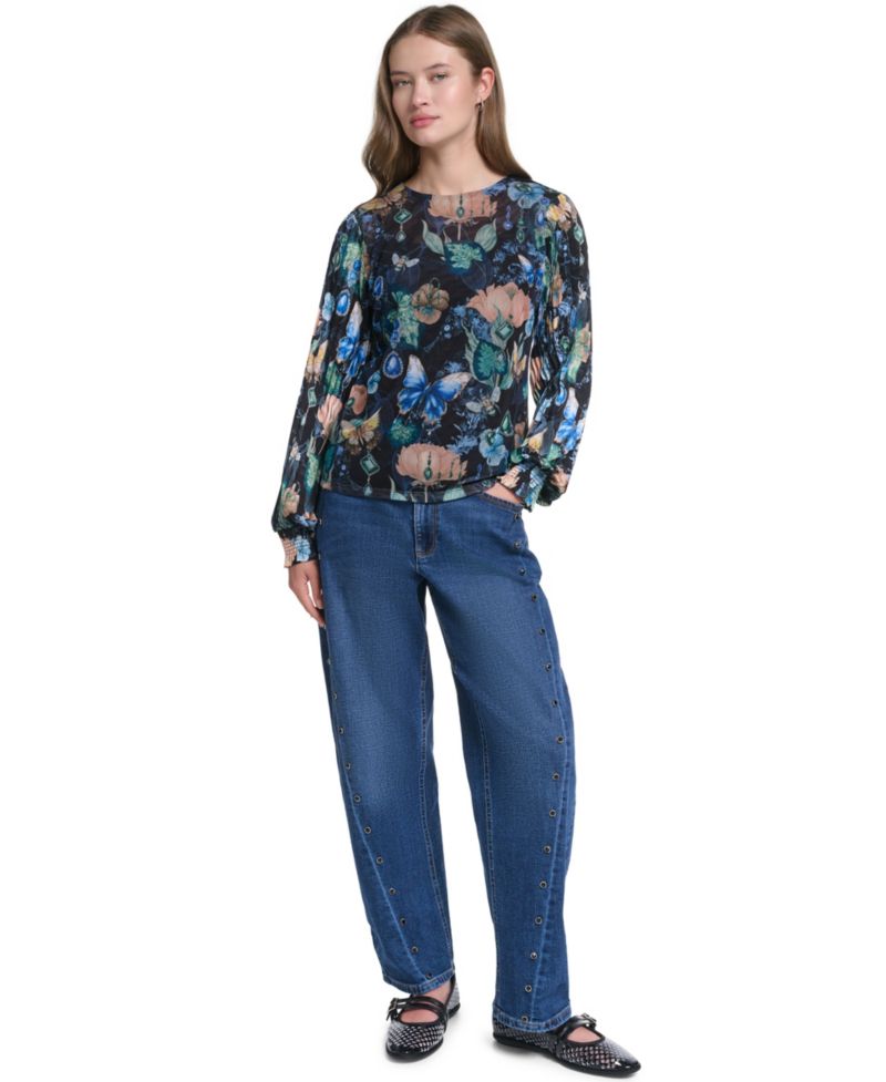 Women's Mixed Media Printed Mesh Top