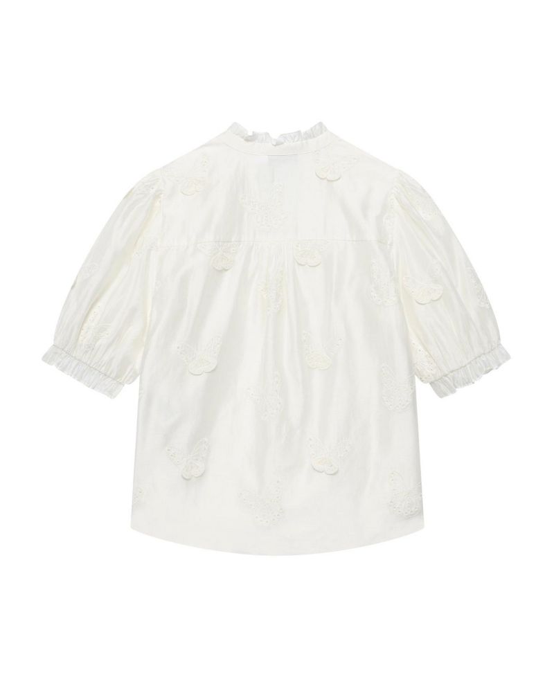 Women's Short-Puff-Sleeve V-Neck Applique Butterfly Blouse