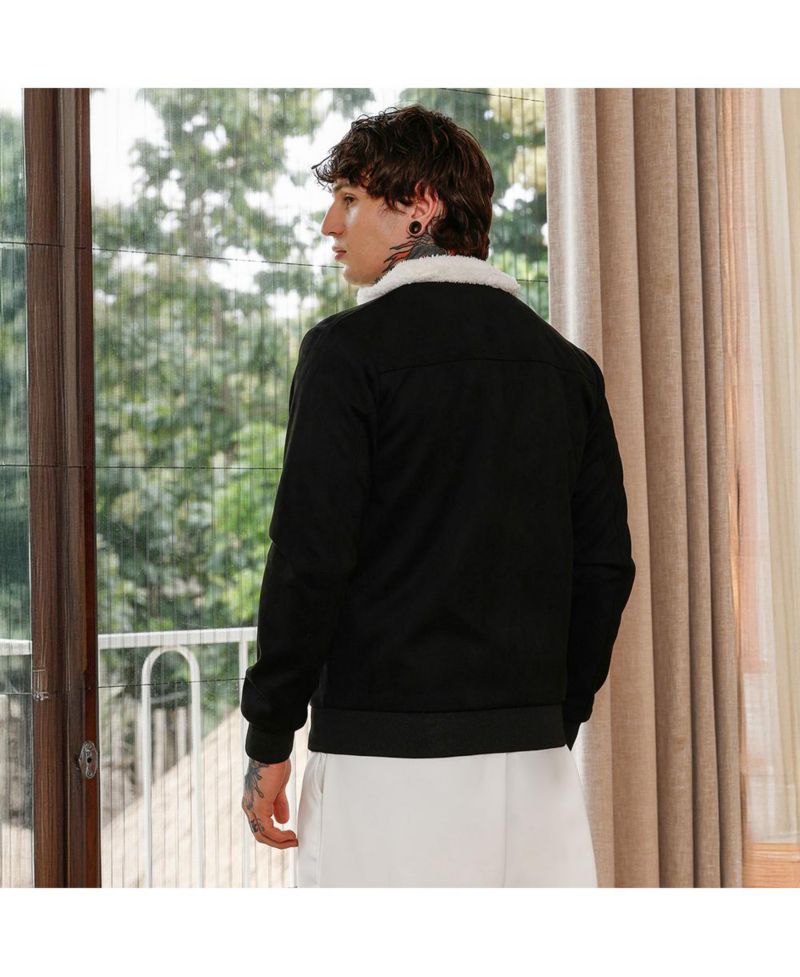 Men's Raven Black Contrast Sherpa-Lined Suede Bomber Jacket