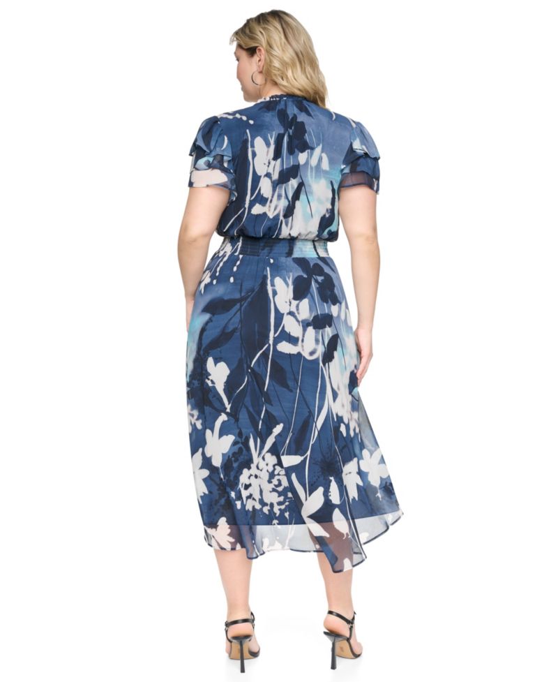 Plus Size Tie Neck Flutter-Sleeve Dress