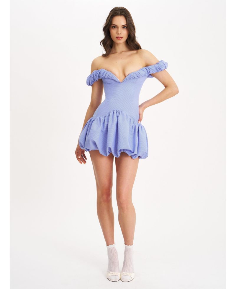 Women Sablee Checkered Puffy Off Shoulder Trim Bubble Hem Mini Dress