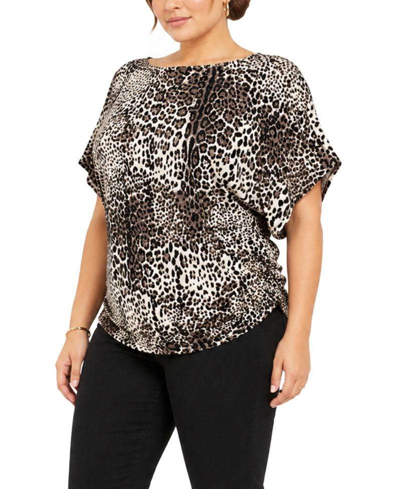Plus Size Leopard-Print Boat-Neck Batwing Short-Sleeve Top