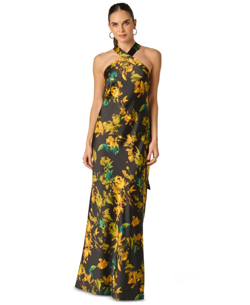 Women's Floral Stretch Satin Scarf Halter Gown