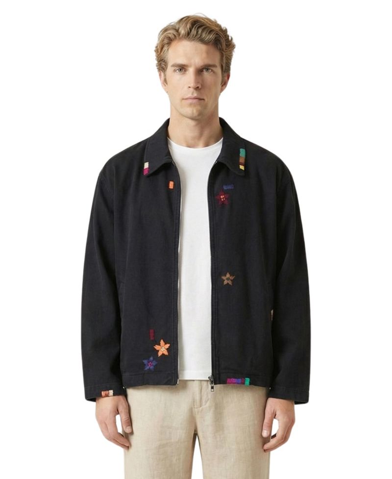 Men's Embroidered Contrast-Trim Zip-Front Jacket