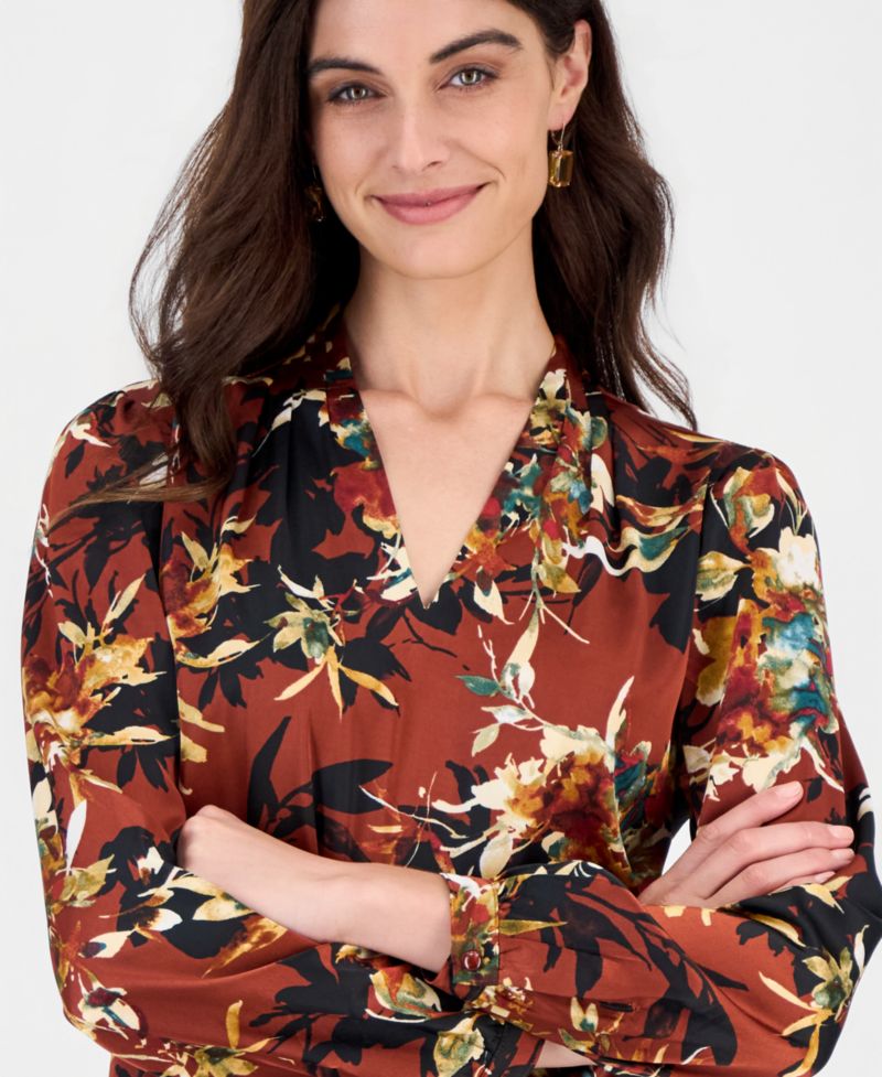 Women's Long-Sleeve Floral-Print V-Neck Blouse