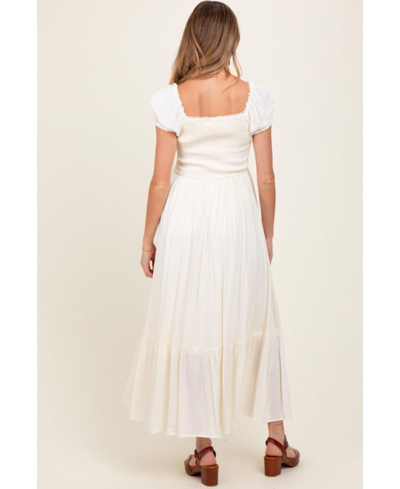 Women's Ivory Ruffle Detail Square Neck Maxi Dress