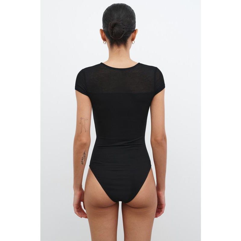 Women's Dara Short-Sleeve Fitted Jersey Bodysuit with Sheer Neckline