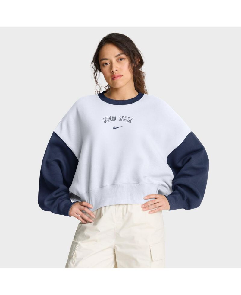 Women's White/Navy Boston Red Sox Oversized High Hip Fleece Sweatshirt