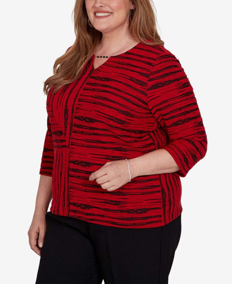 Plus Size Keyhole Neck Print 3/4-Sleeve Blouse