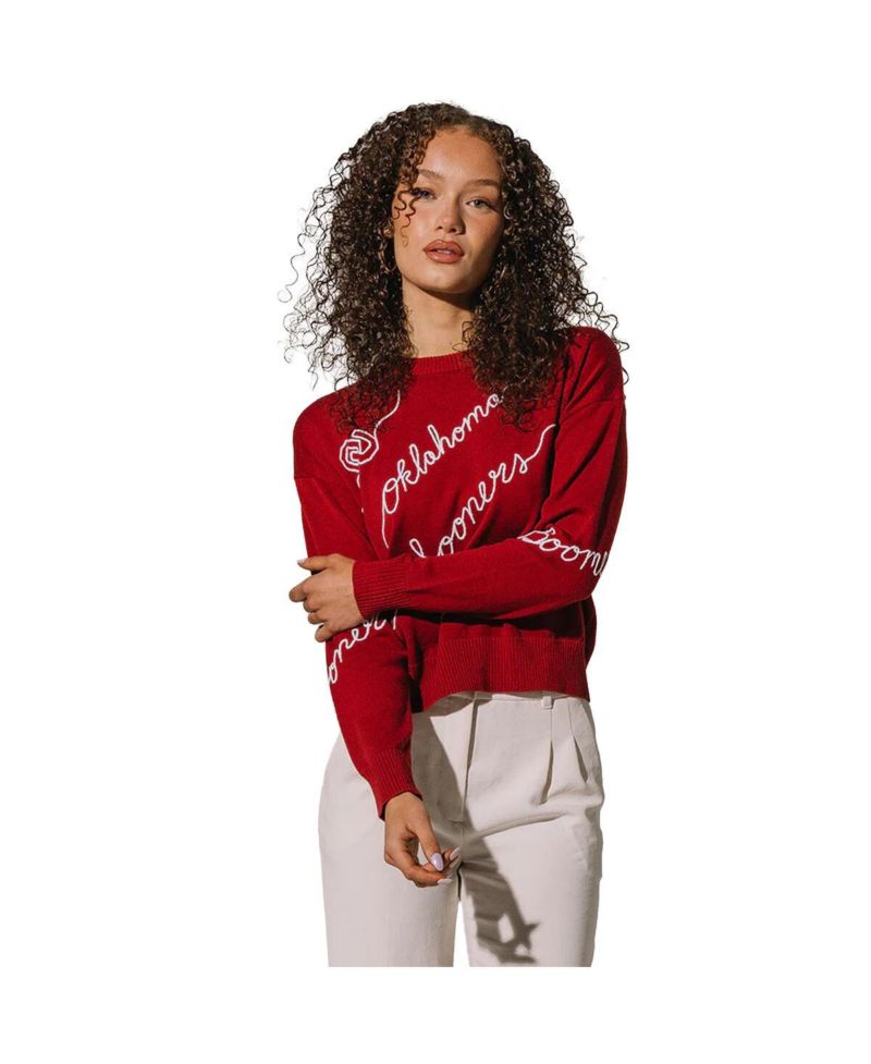 Women's Crimson Oklahoma Sooners Love Note Embroidered Pullover Sweater