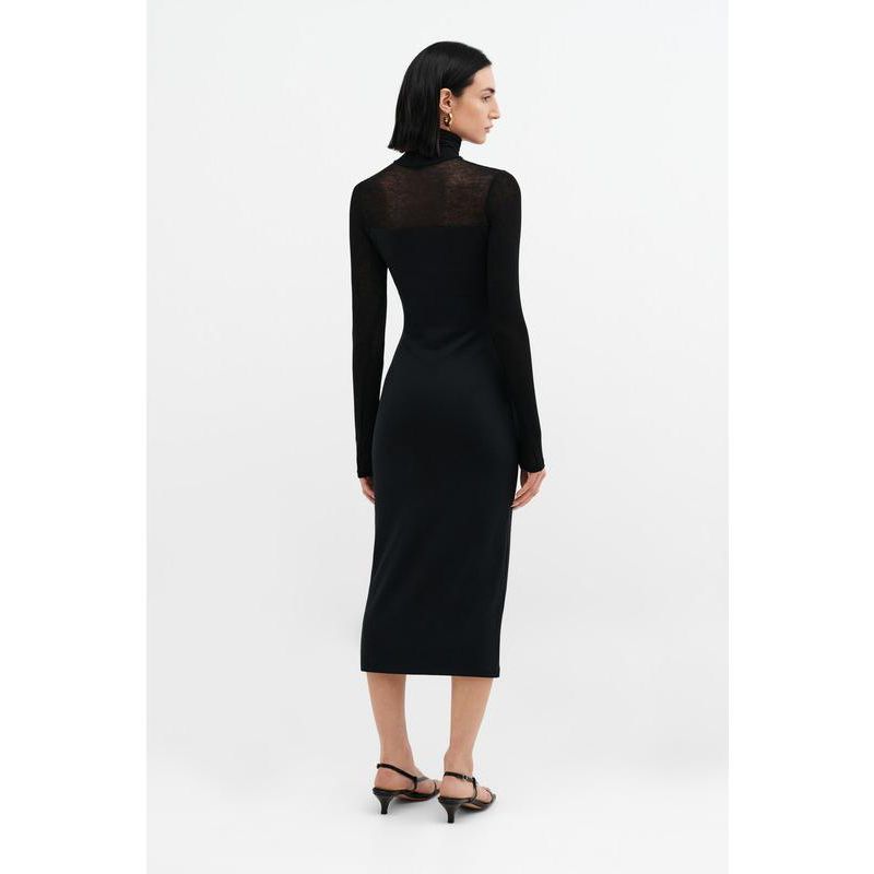 Women's Marina Fitted Turtleneck Midi Dress with Sheer Jersey Sleeves