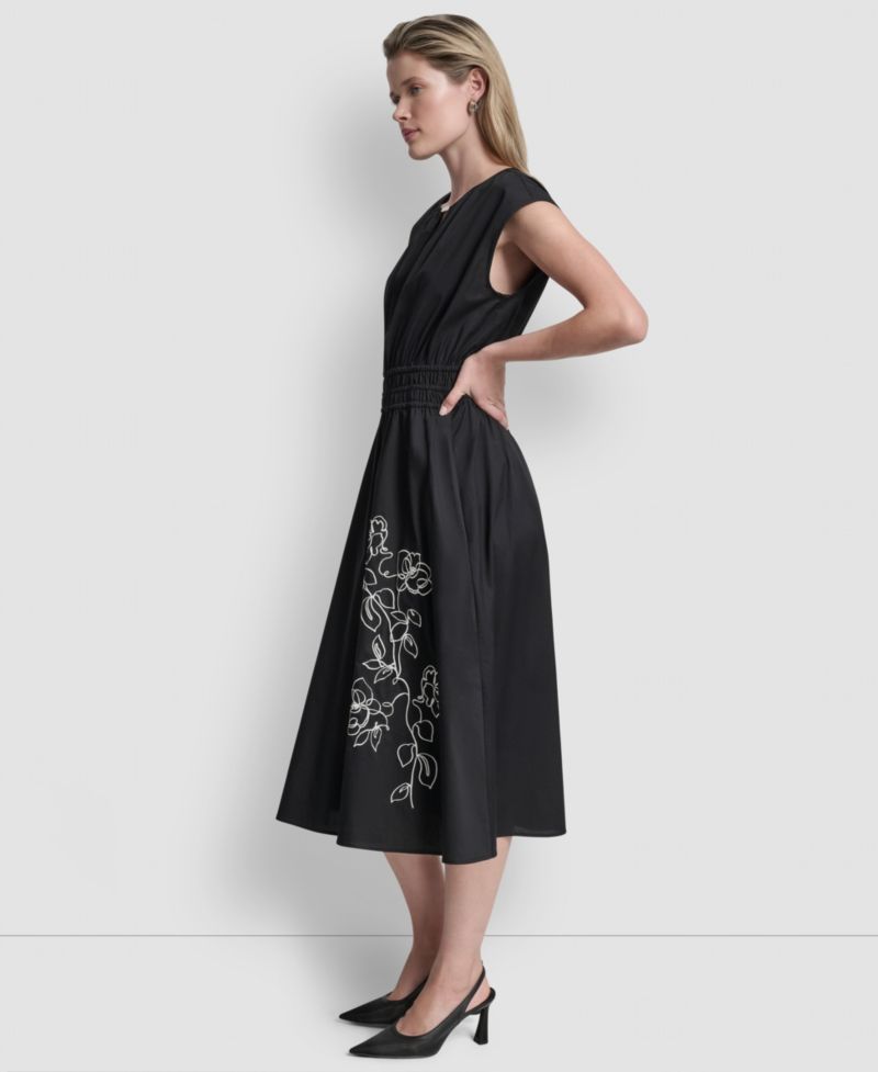 Women's Cap-Sleeve Jewel Neck Keyhole Midi Dress