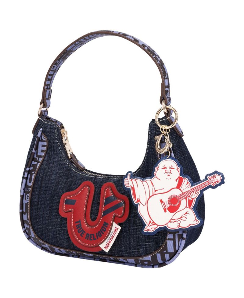 Graphic Trim Denim Hobo Bag with Buddha Charm