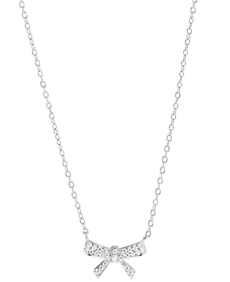 Cubic Zirconia Pav&eacute; Bow Pendant Necklace in Sterling Silver, 16" + 3" extender (Also Available in 14k Gold over Sterling Silver)