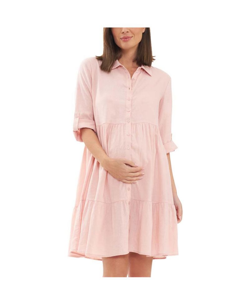 Adel Button Through Linen Shirt Dress Soft Pink