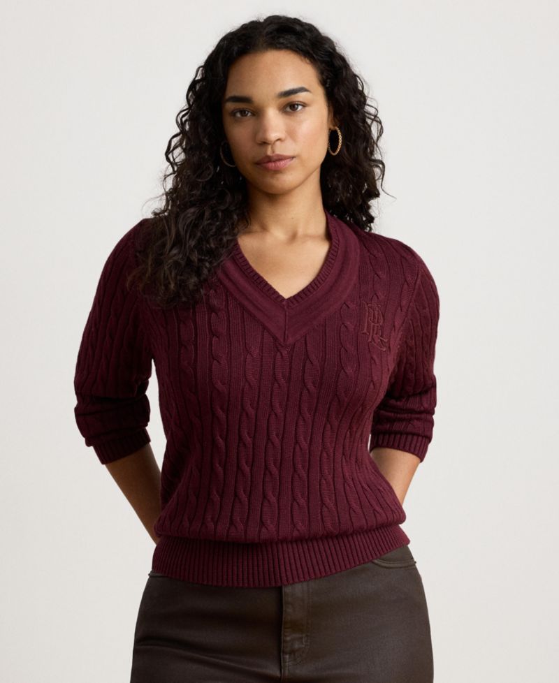 Petite Long-Sleeve V-Neck Cable Knit Sweater