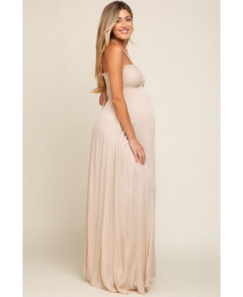 Women's Beige Smocked Halter Maxi Dress