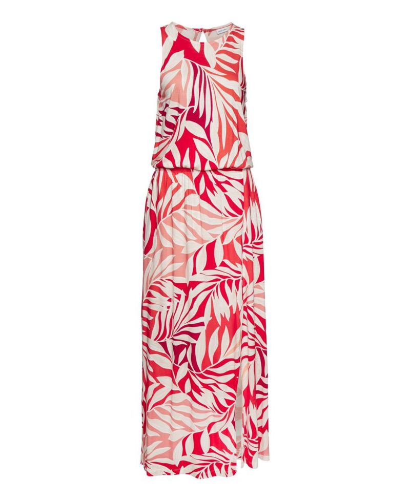 Women's Viscose Tropical Print Side Slit Column Elastic-Waist Maxi Dress