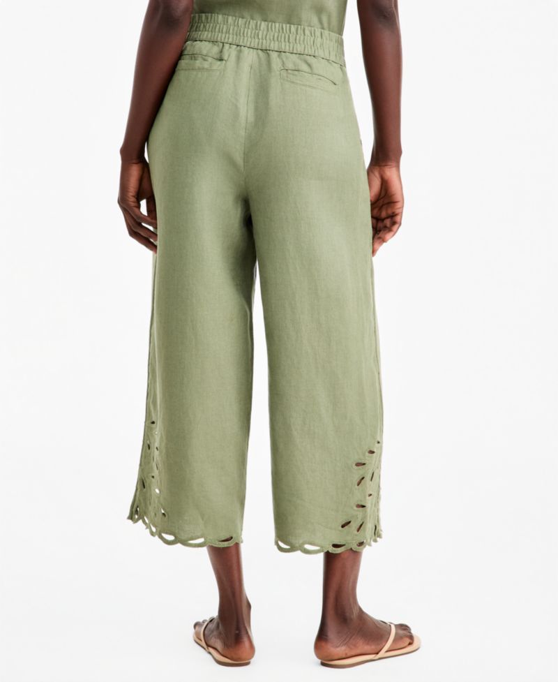 Women's Linen Eyelet-Hem Cropped Wide-Leg Pants