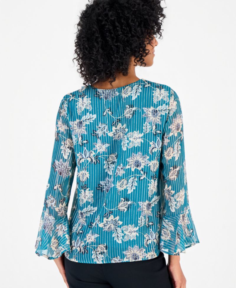 Women's Shine Floral V-Neck Bell Sleeves Printed Blouse