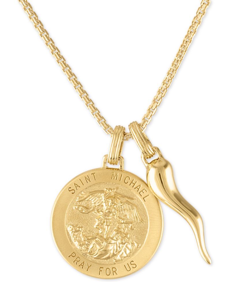 St. Michael Medallion & Horn 24" Pendant Necklace in 14k Gold-Plated Sterling Silver