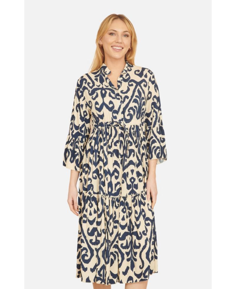 Women's 3/4 Sleeve Block Print Kaftan Dress
