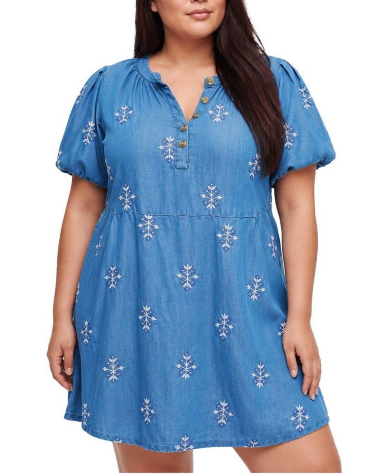 Plus Size Belle Isle Puff-Sleeve Embroidered Chambray Mini Dress