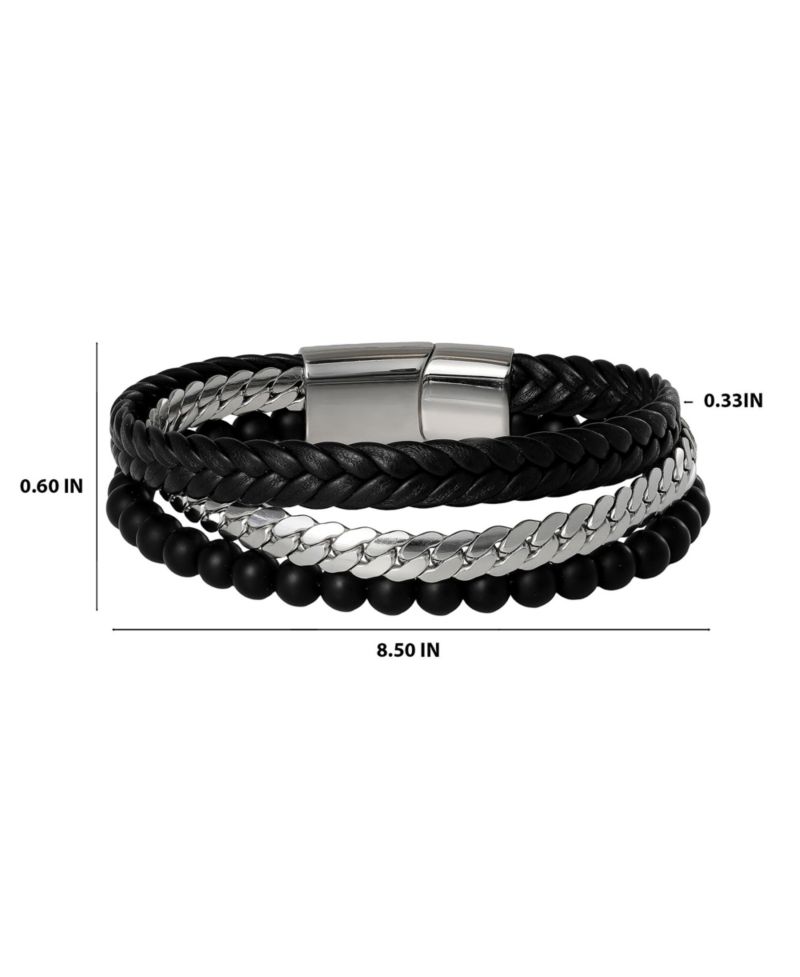 Men’s 3-Row Chain and Bead Bracelet, Black, Magnetic Clasp - 8.5''
