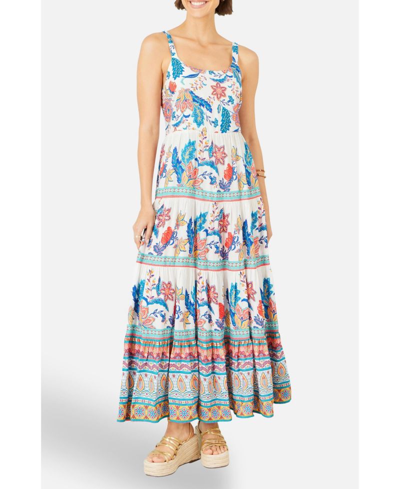 Women's Floral Block Print Tiered Maxi Sun Dress