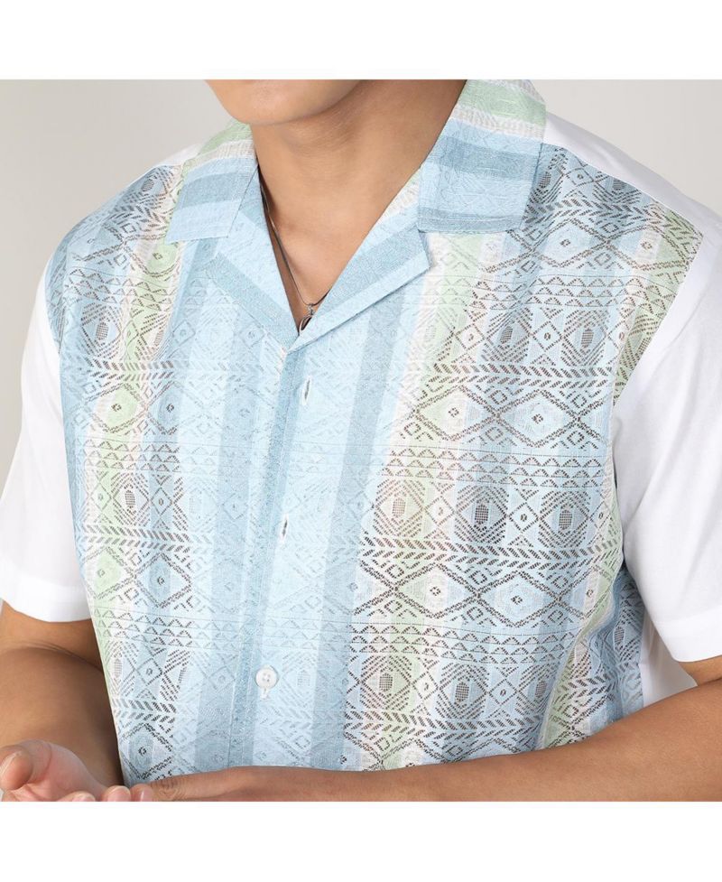 Men's Light Blue & Pale Yellow Fish Eye Ethnic Shirt