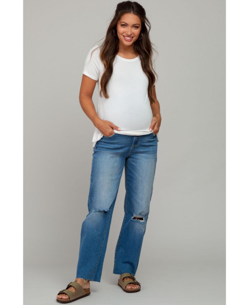 Women's Blue Straight Leg Frayed Hem Jeans