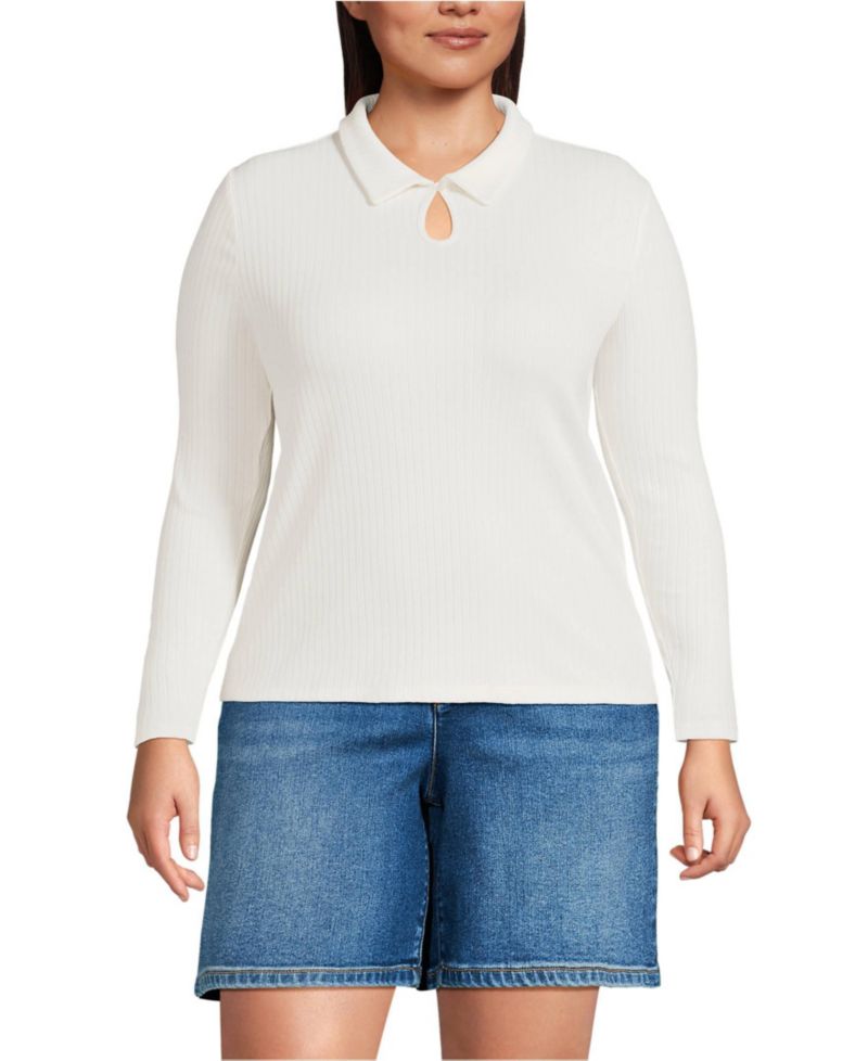 Plus Size Long Sleeve Pointelle Rib Keyhole Polo Top