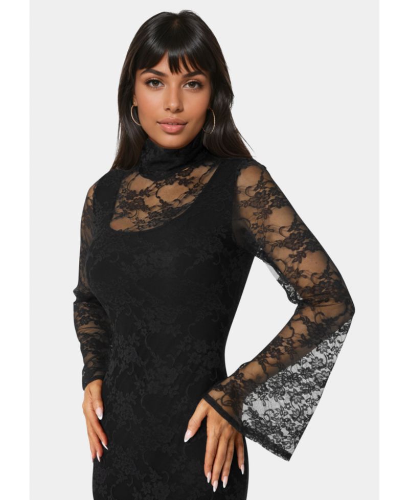 Women's Lace Turtleneck Illusion Maxi Dress