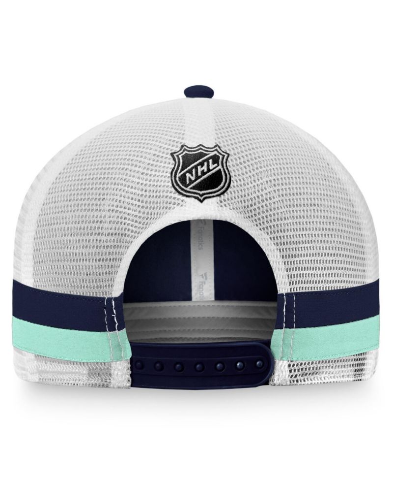 Men's Deep Sea Blue, White Seattle Kraken Fundamental Striped Trucker Adjustable Hat