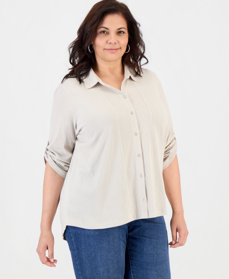 Plus Size Button-Front Collar Roll-Tab Shirt
