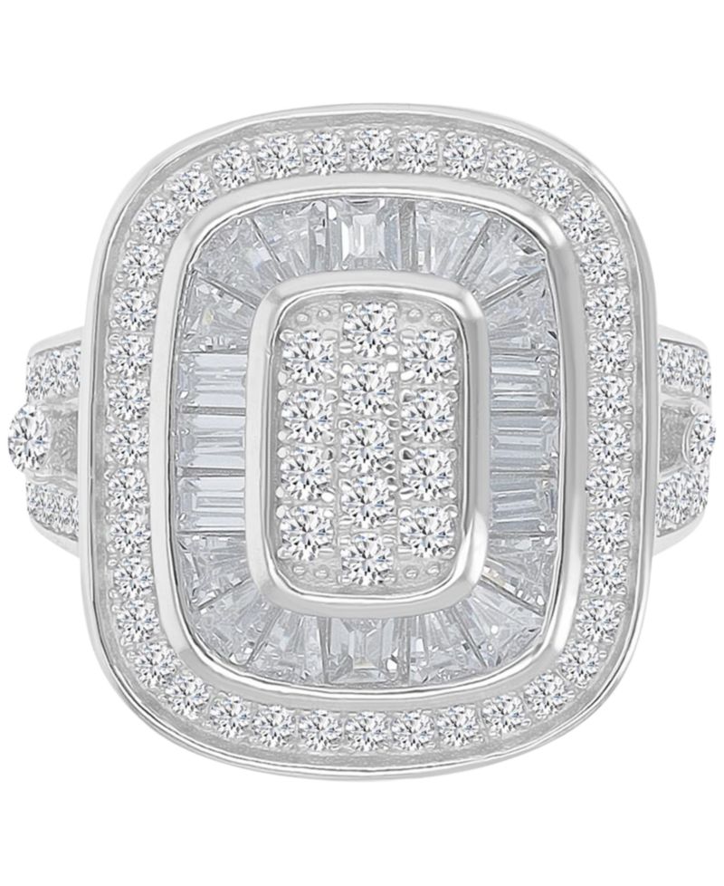 Cubic Zirconia Round & Baguette Halo Cluster Statement Ring in Sterling Silver