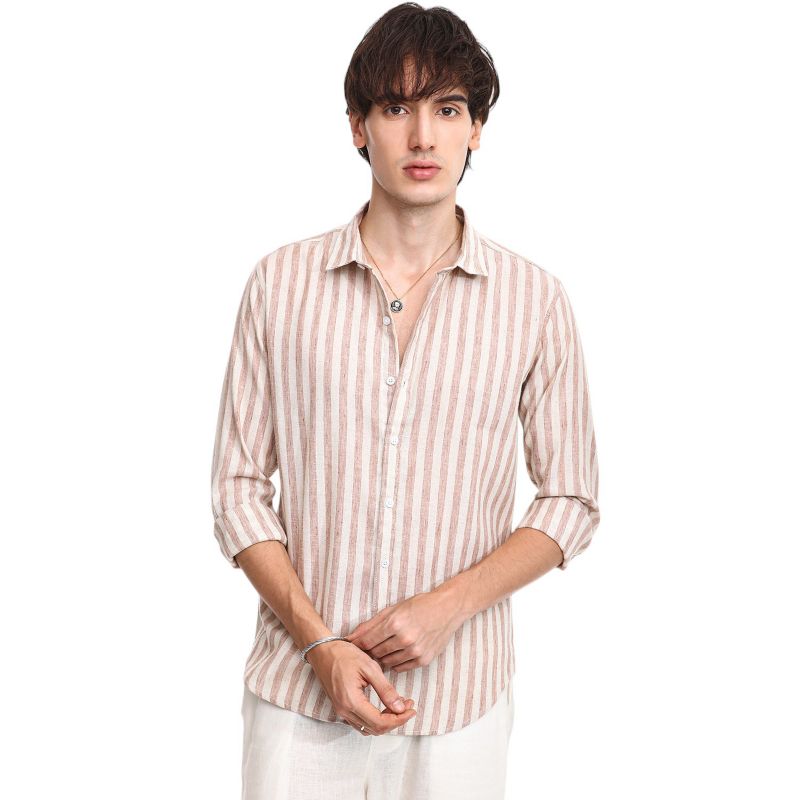 Men's Tan Brown Heathered-Stripe Shirt