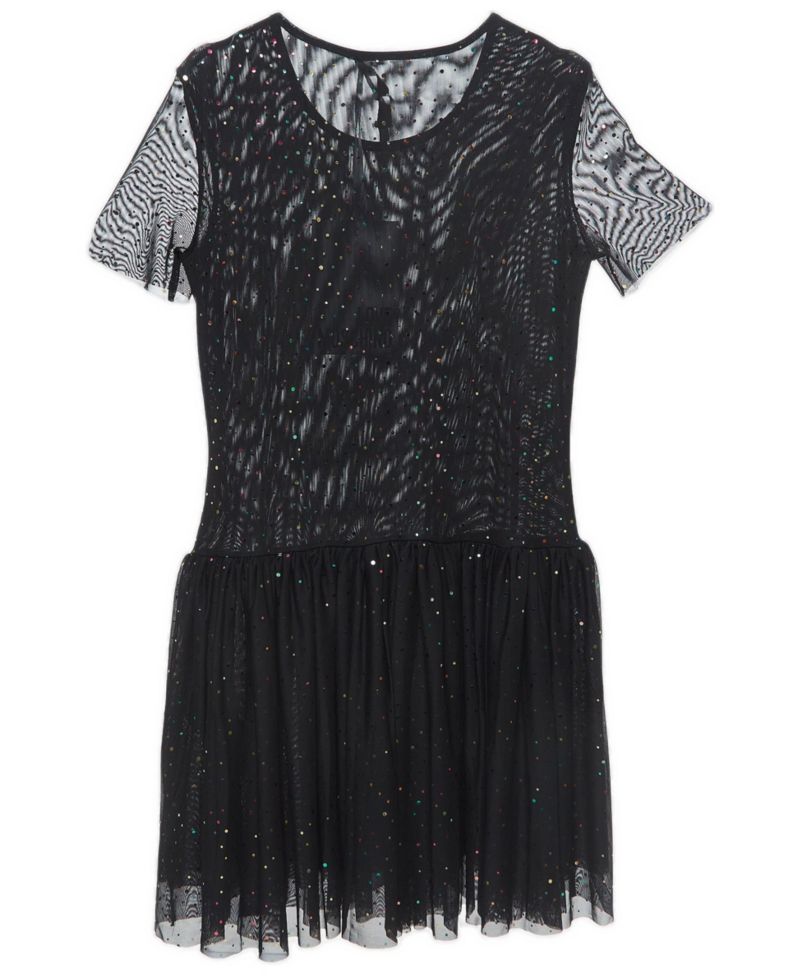 Women's Black Dotted Tulle Gathered Mini Dress
