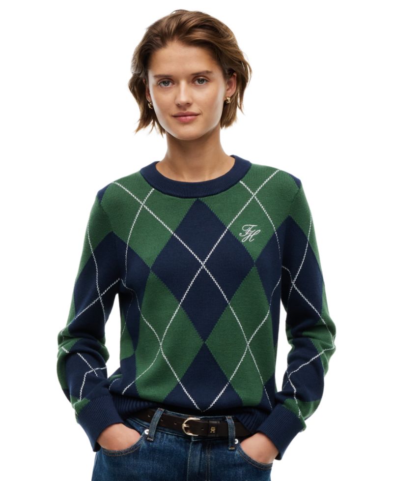 Women's Tartan Argyle Crewneck Long-Sleeve Sweater