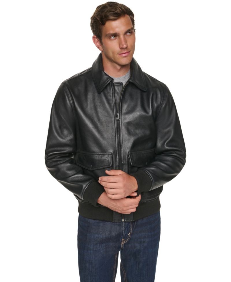 Men's Textured Genuine Leather Bomber Jacket