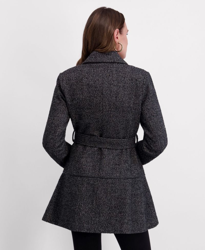 Women's Belted Herringbone Tweed Skirted Wool Jacket