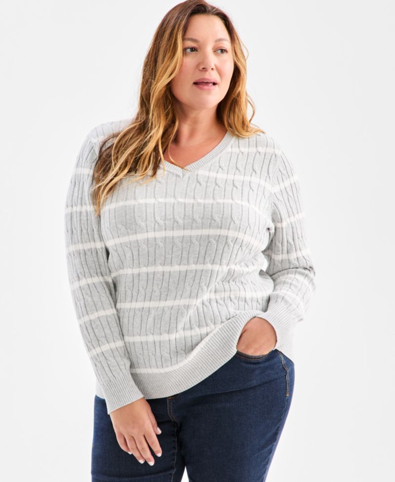 Plus Size Striped Cable-Knit V-Neck Sweater