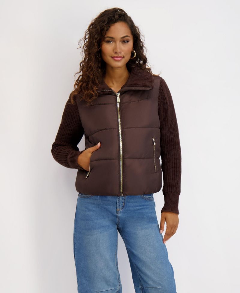 Women's Mixed Media Short Puffer with Knit Sleeves and Collar